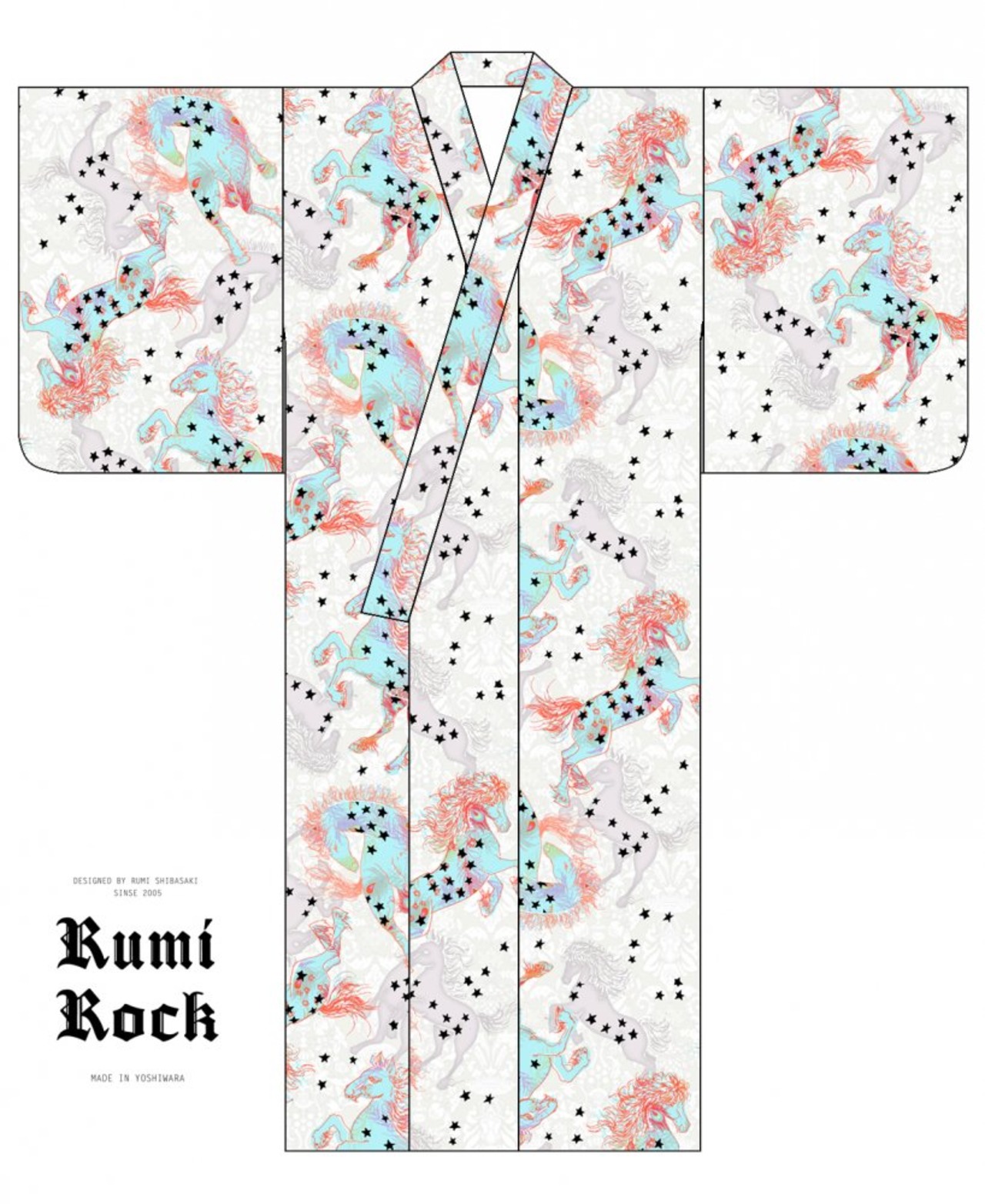 【受注商品】Rumi Rockきもの「ジプシーホース」ホワイト　[A703]