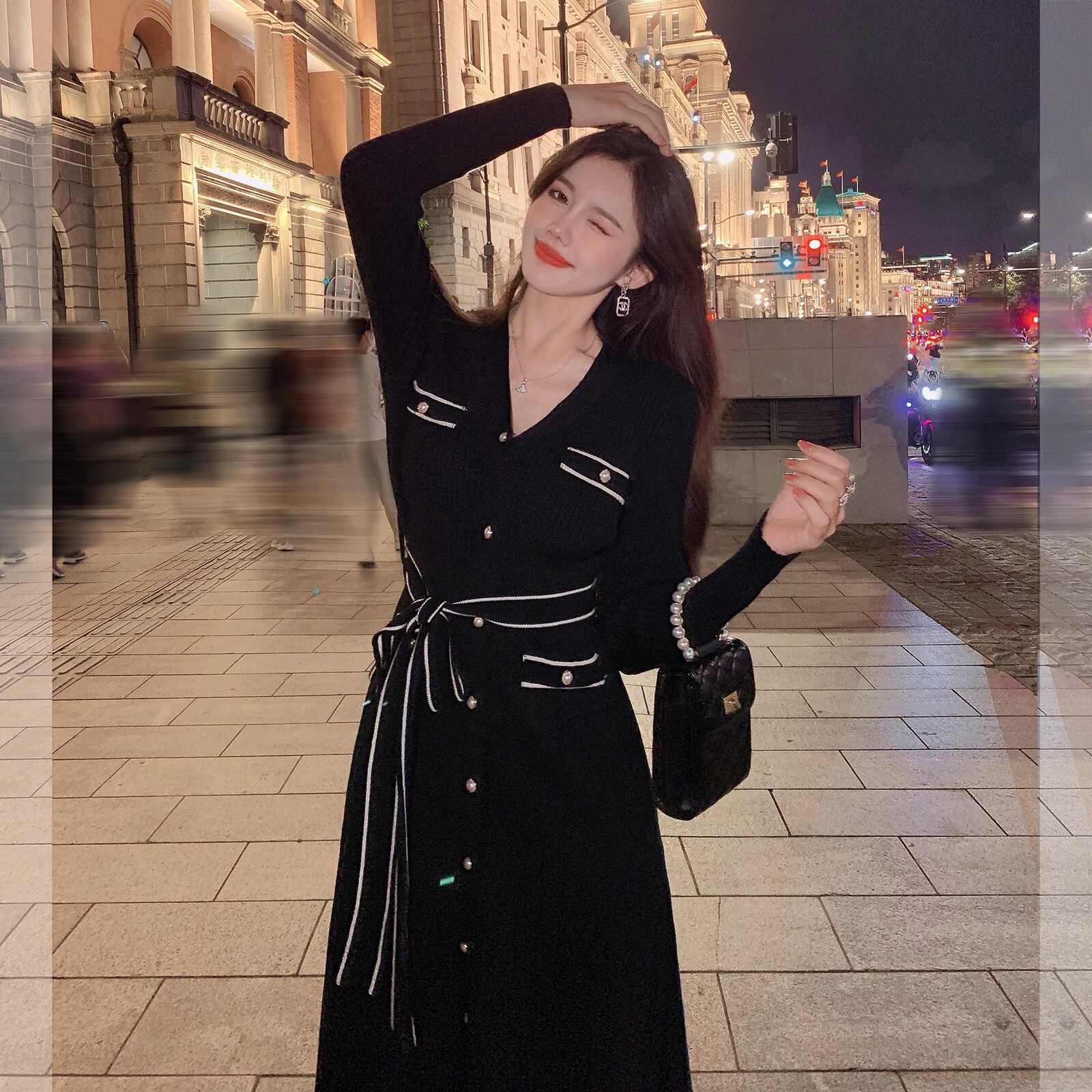 【新作】【送料無料】 2023 秋冬韓国スタイルの膝丈セータースカート、スリムフィット V ネックニットドレス 6051 019177971725