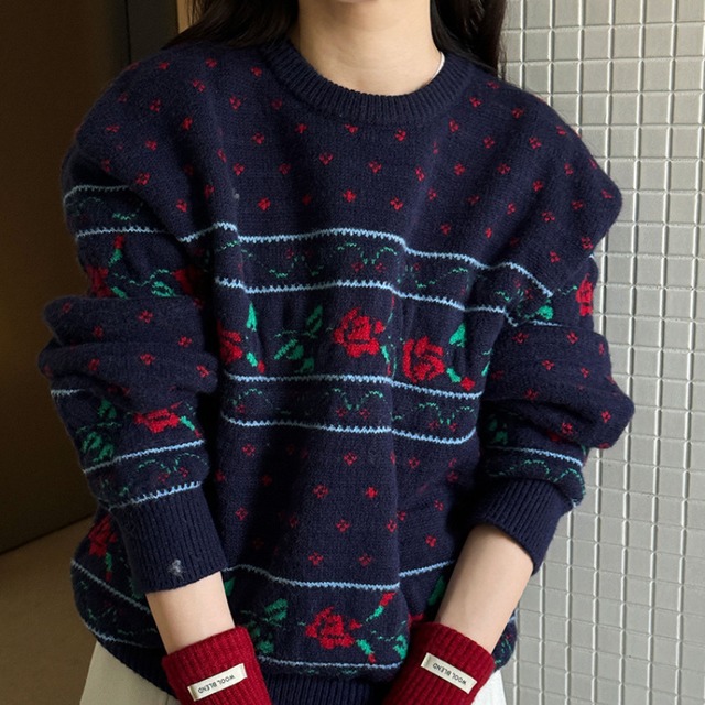 floral round-neck loose knit　J00357