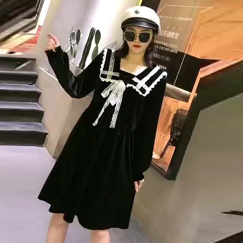 大きいサイズは塩になることができます甘いドレス長い段落小さなベルベット脂肪mmラペルリトルブラックドレスは薄い気質リサ潮でした ミックスインファッション35554148564