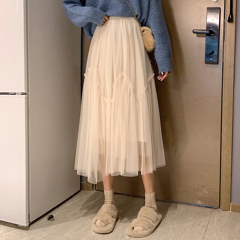 スカート オータムウィンターハイウェストウェスト薄手Aラインメッシュ 秋物 冬物 試着室88630355390