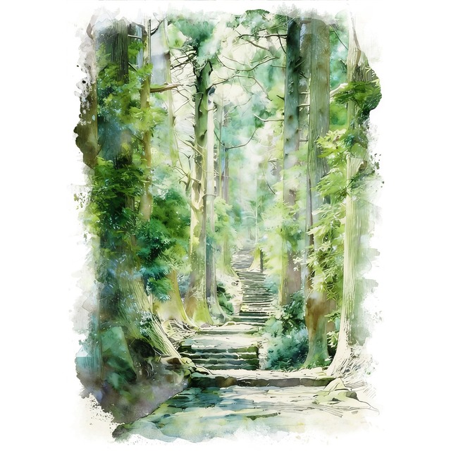 絵画(風景画) 日本 和歌山 熊野古道 大門坂  インテリアアート額付き 水彩画・油絵調 WAT1215