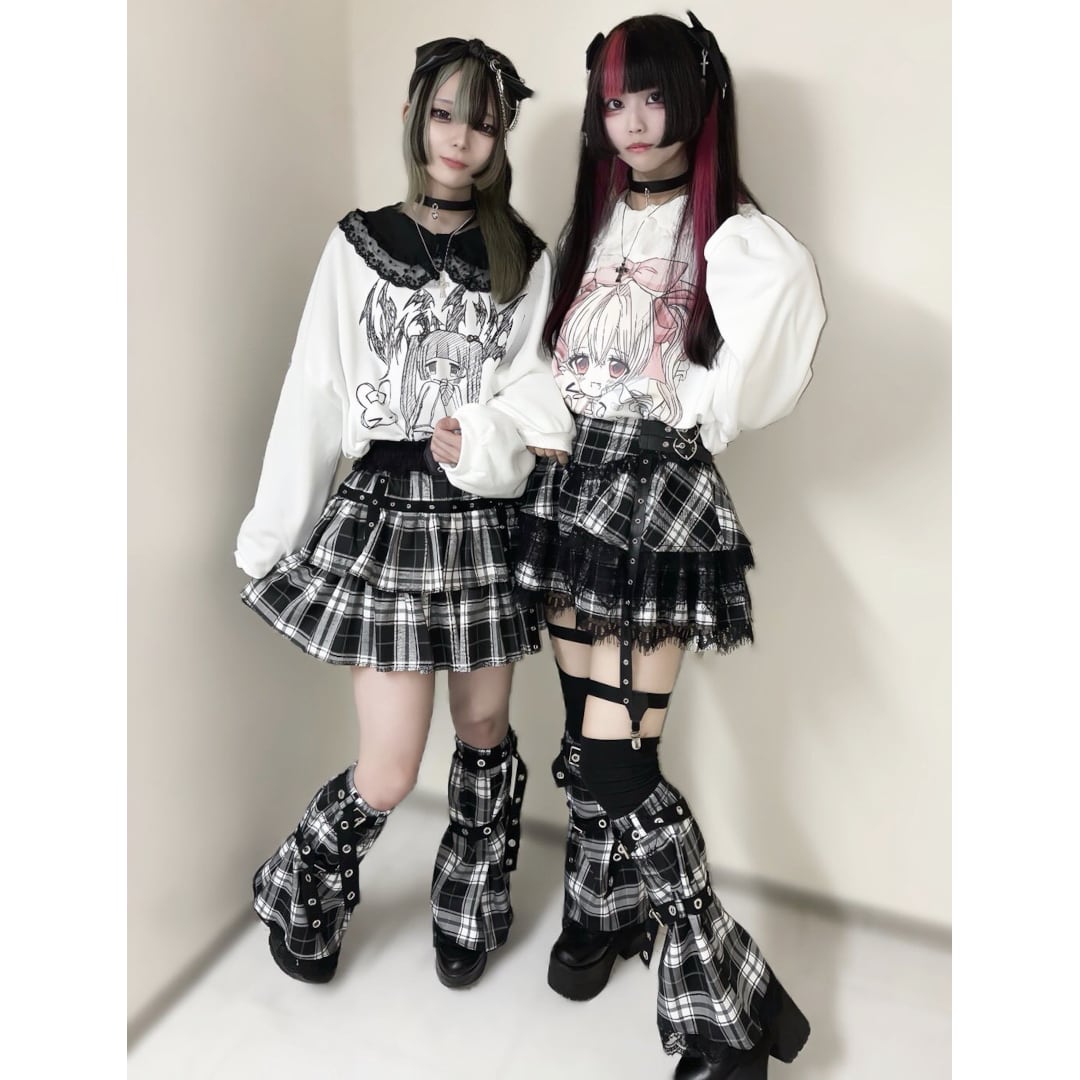 プトマヨ　チェック柄 レッグウォーマー付き サブカル刺繍☆チェック柄レッグウォーマー(BLACK) | VOLCAN&APHRODITE