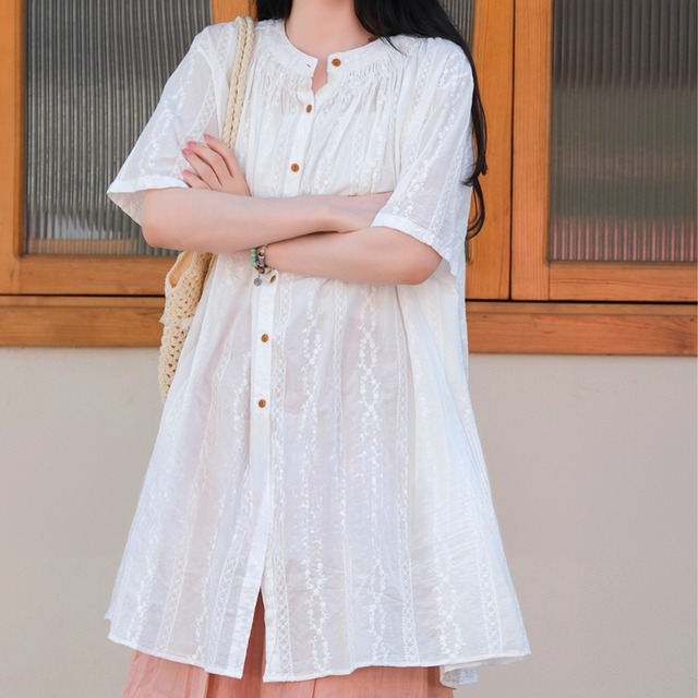 刺繍入り　デザイン　Aライン　シャツ　チュニック 2color  00215
