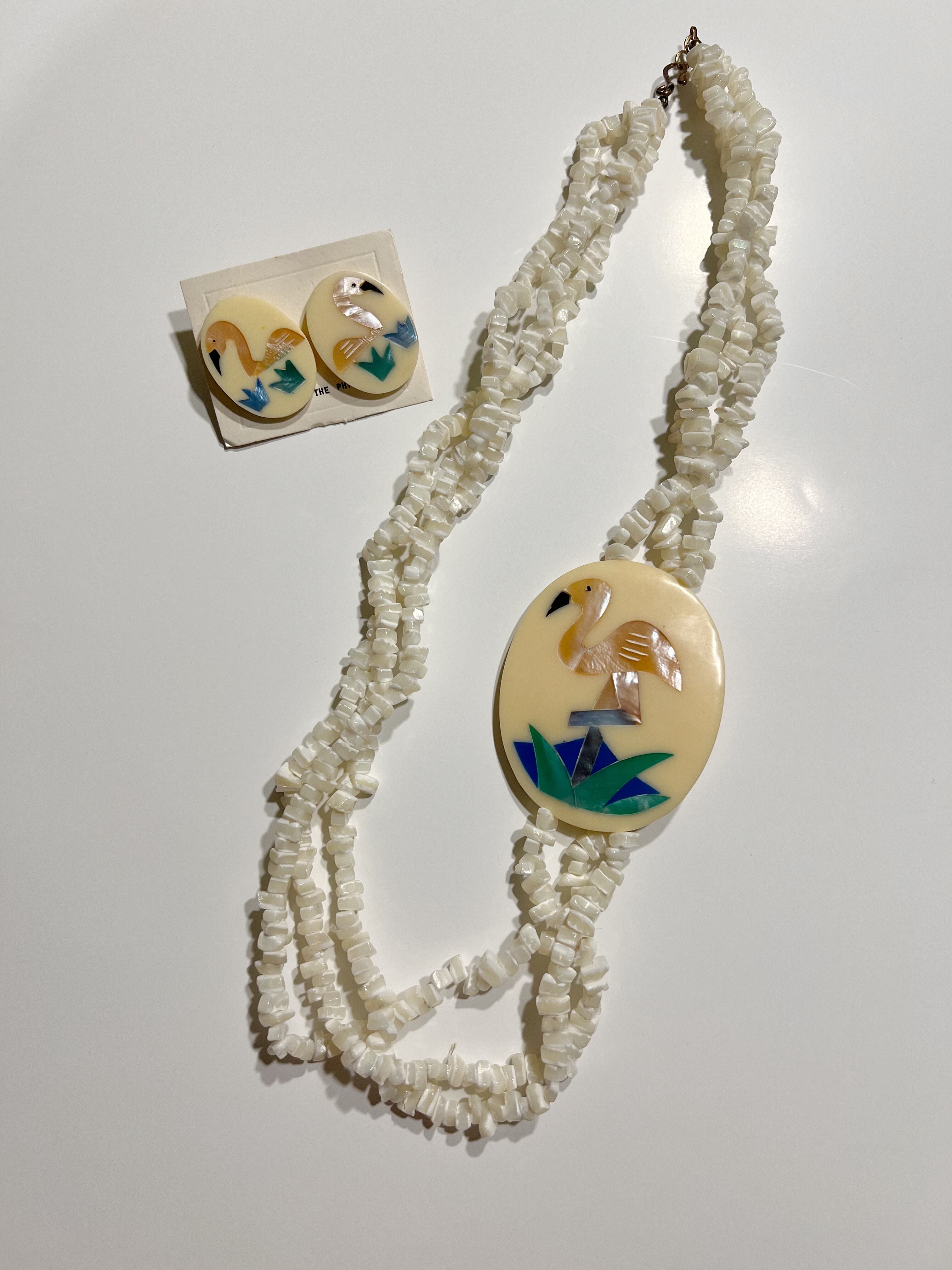 Dead stock 80s designer's Flamingo Necklace & pierced earrings ( 未使用 デザイナーズ フラミンゴ ネックレス × ピアス )