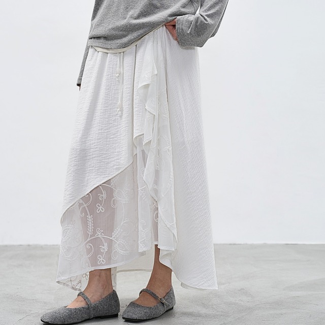 エアリーレイヤード 刺繍シアーマキシスカート　ch0538