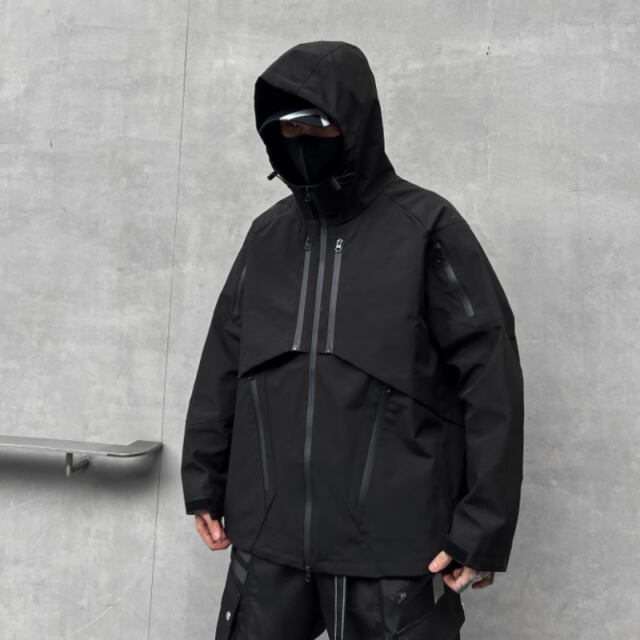 【予約販売】ブルゾン アウター ライン マウンテンパーカー フード付き 黒 ブラック メンズ お洒落 こなれ感 韓国 モノトーン ベーシック 秋 春 大きいサイズ M/L/XL/2XL