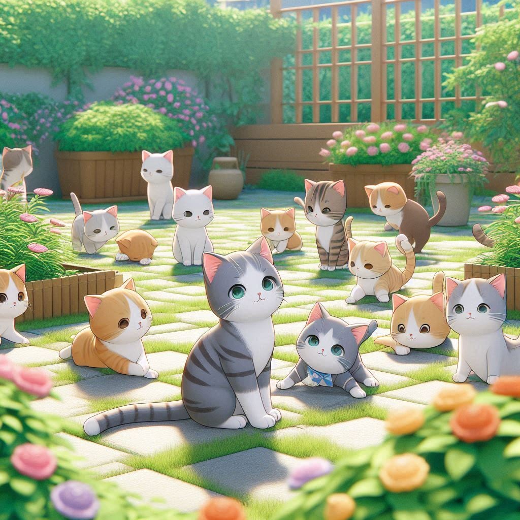 庭に戯れる猫 子猫 3Dアニメ デジタルアニメ画像 デジタルイラスト