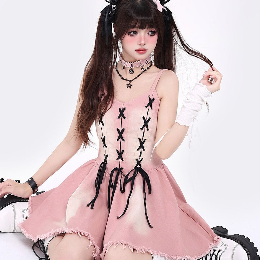 CRAZYGIRL デニム ワンピース フレアスカート レースアップ リボン