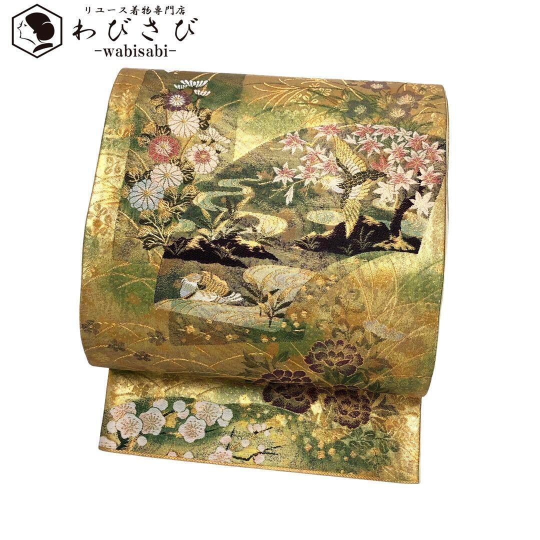 袋帯 美しい四季の花模様 地紙紋 蝶々 鳥 牡丹 梅 菊 紅葉 O-2831  