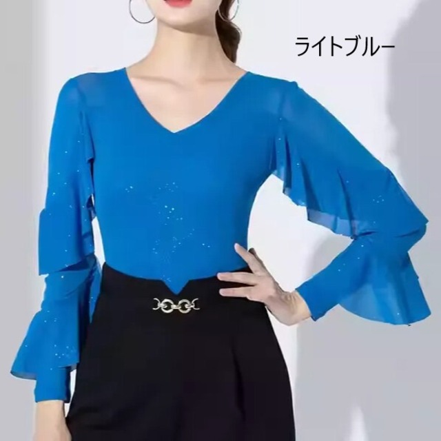 フレアスリーブ Vネック フリル ダンストップス （レオタードタイプ選択可） ds1106