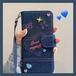 iPhone14 Pro Max/13/12ケース デニム 手帳型 カード収納 ハート アイフォン13ケース スタンド機能 ストラップ付き 可愛い 刺しゅう♥