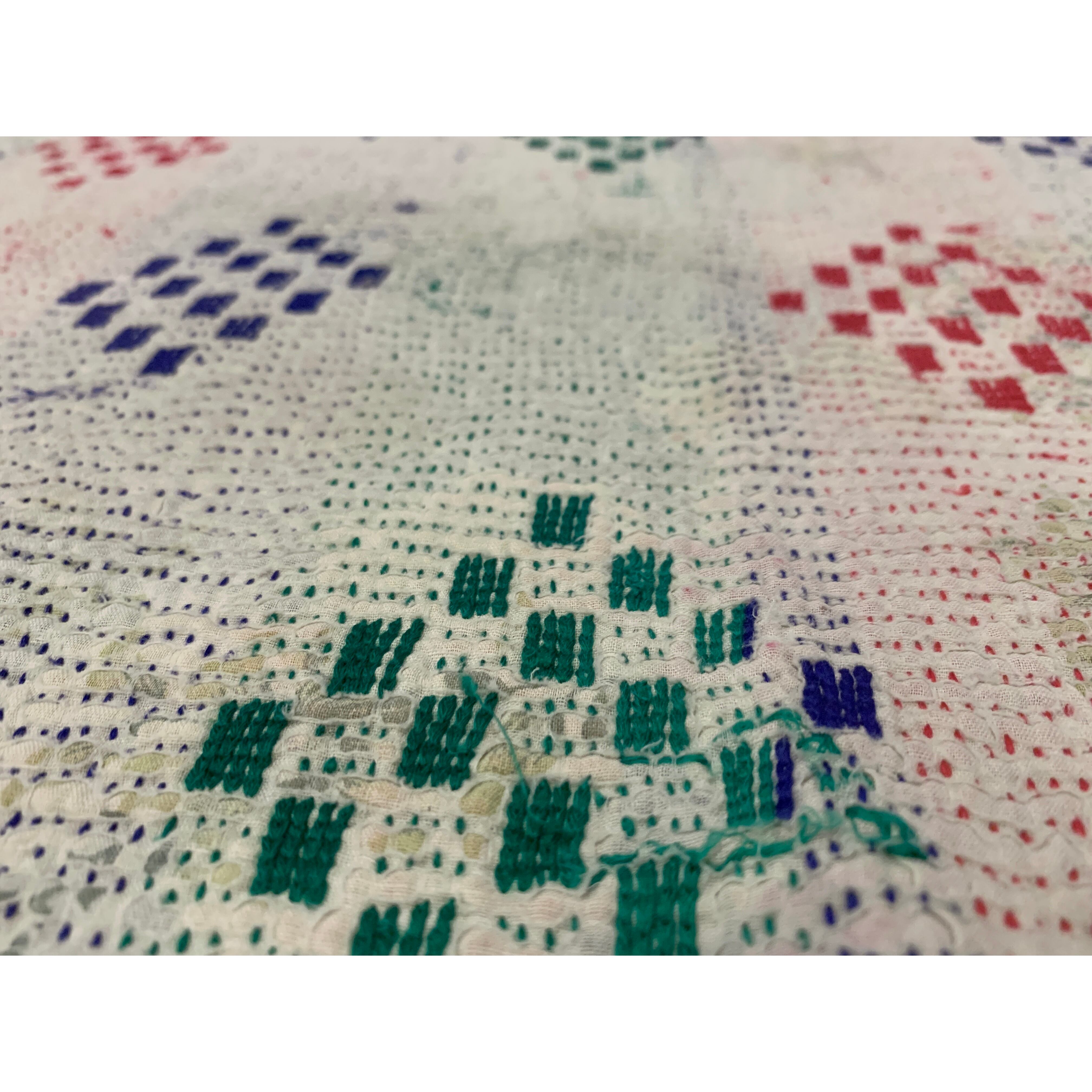 太いカラフル刺繍が可愛いヴィンテージラリーキルト 刺し子 