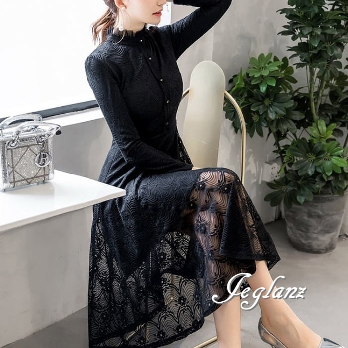 透かし彫り ワンピース ドレス 立ち襟 シアー エターナル 2色(M8065)ζ