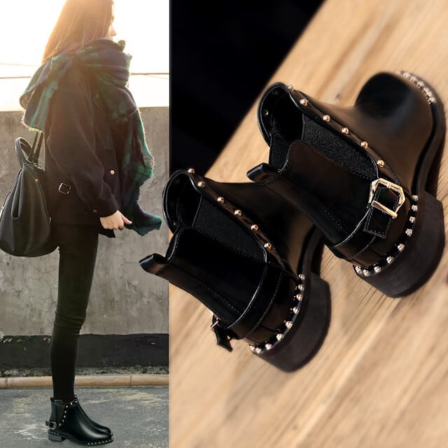 ブーツ レディース ショート丈 マーチン レザー スタッズ 厚底 ショートブーツ 靴 カジュアル かっこいい シンプル ブラック 35(22.5cm) 36(23cm) 37(23.5cm) 38(24cm) 39(24.5cm) 40(25cm)