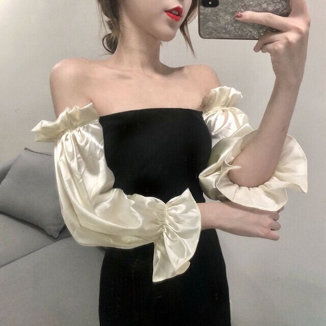 ワンピースドレス レディース オケージョンワンピ 膝上丈 膝丈 ミニワンピ 肌見せ パフスリーブ セクシー おしゃれ パーティ 結婚式 ブラック S/M/L