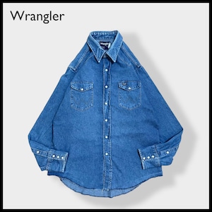 【Wrangler】80s ウエスタンデニムシャツ デニムシャツ ウエスタンシャツ ショルダーヨーク フラップポケット カラーステイ XL相当 ビッグシルエット ラングラー 胸パッチ us古着