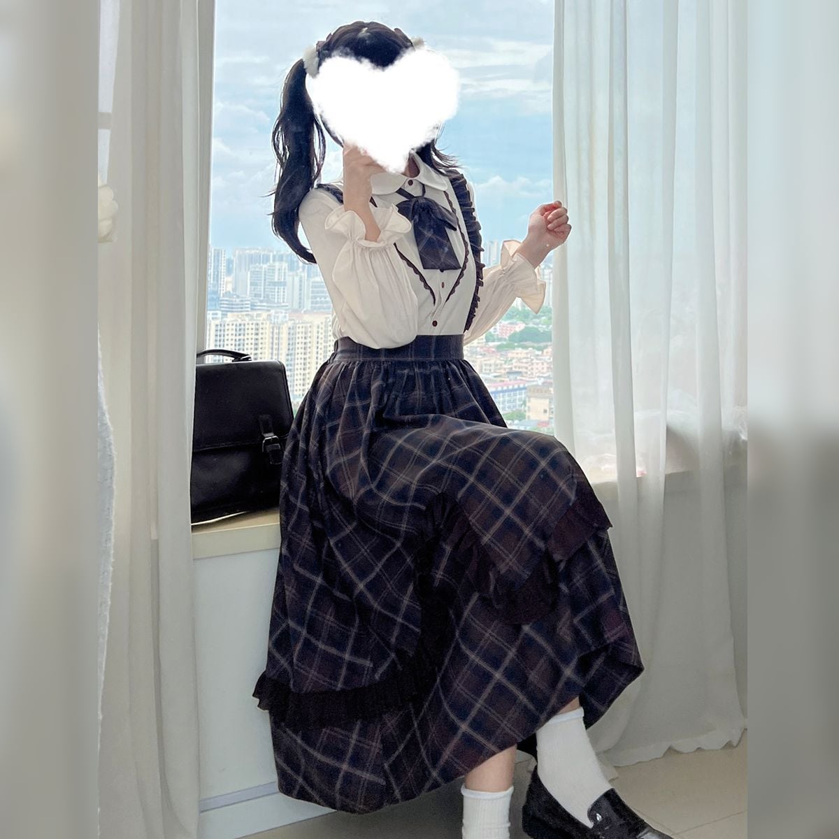 エレガントフリルショルダーチェックスカートセットアップ：スカート