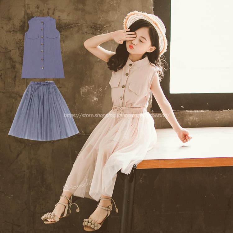 110-160㎝】上下セット ワンピース+チュールスカート 2点セット 韓国版  