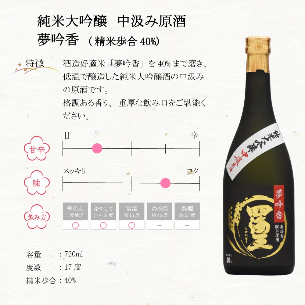 純米大吟醸 中汲み原酒 夢吟香40% 720ml | SHIKAIO ONLINE SHOP