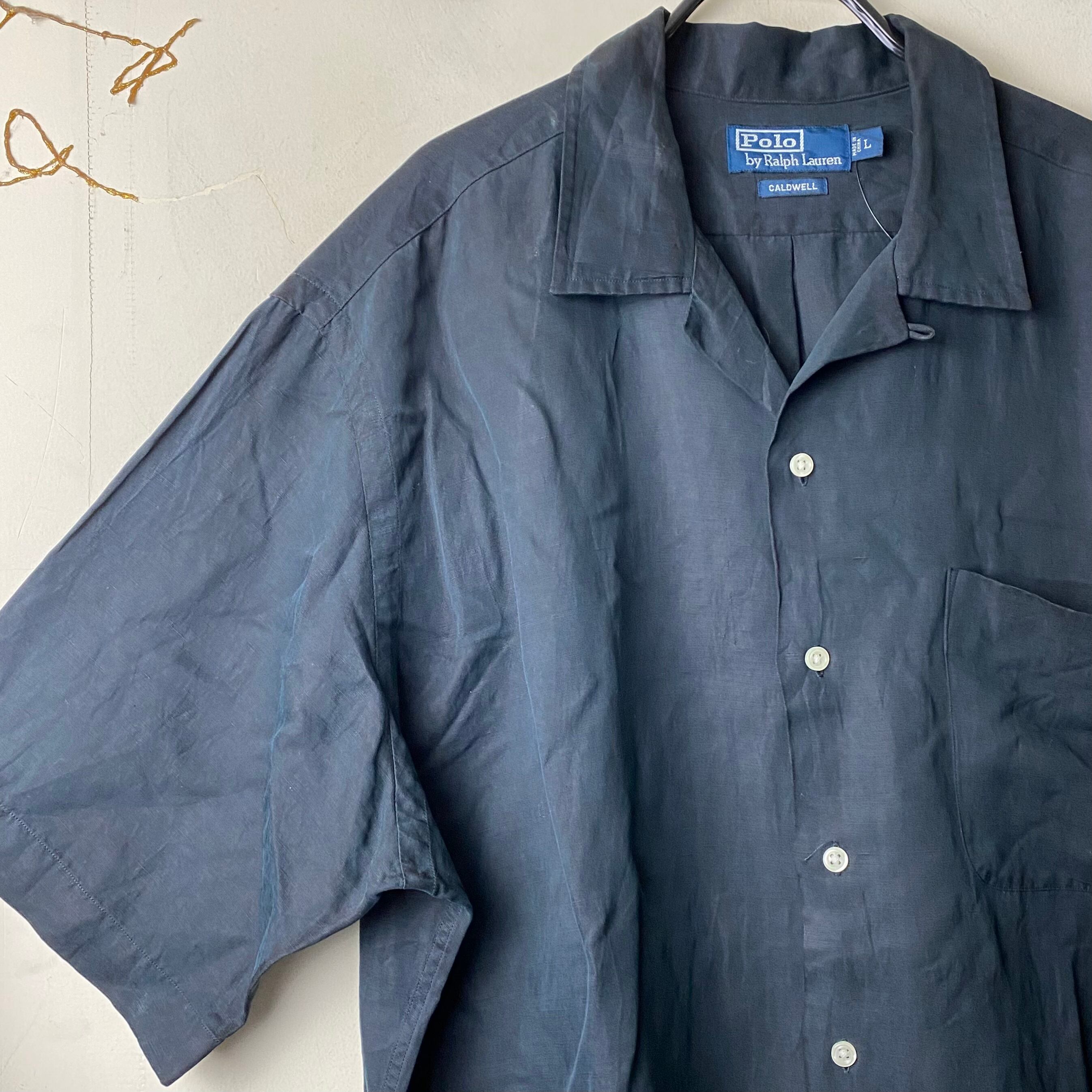 vintage POLO by RALPH LAUREN “black” open collar silk × linen 