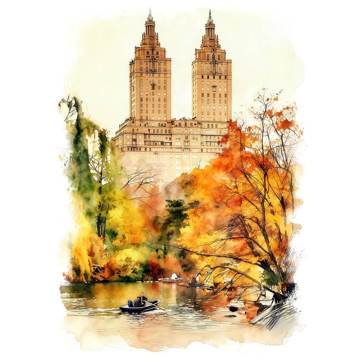 絵画 風景画(街並み) 秋 アメリカ ニューヨーク 紅葉のセントラルパーク インテリアアート額付き 水彩画・油絵風 WAT1011