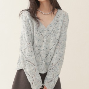 透かし編みVネックニットカーディガン W01170