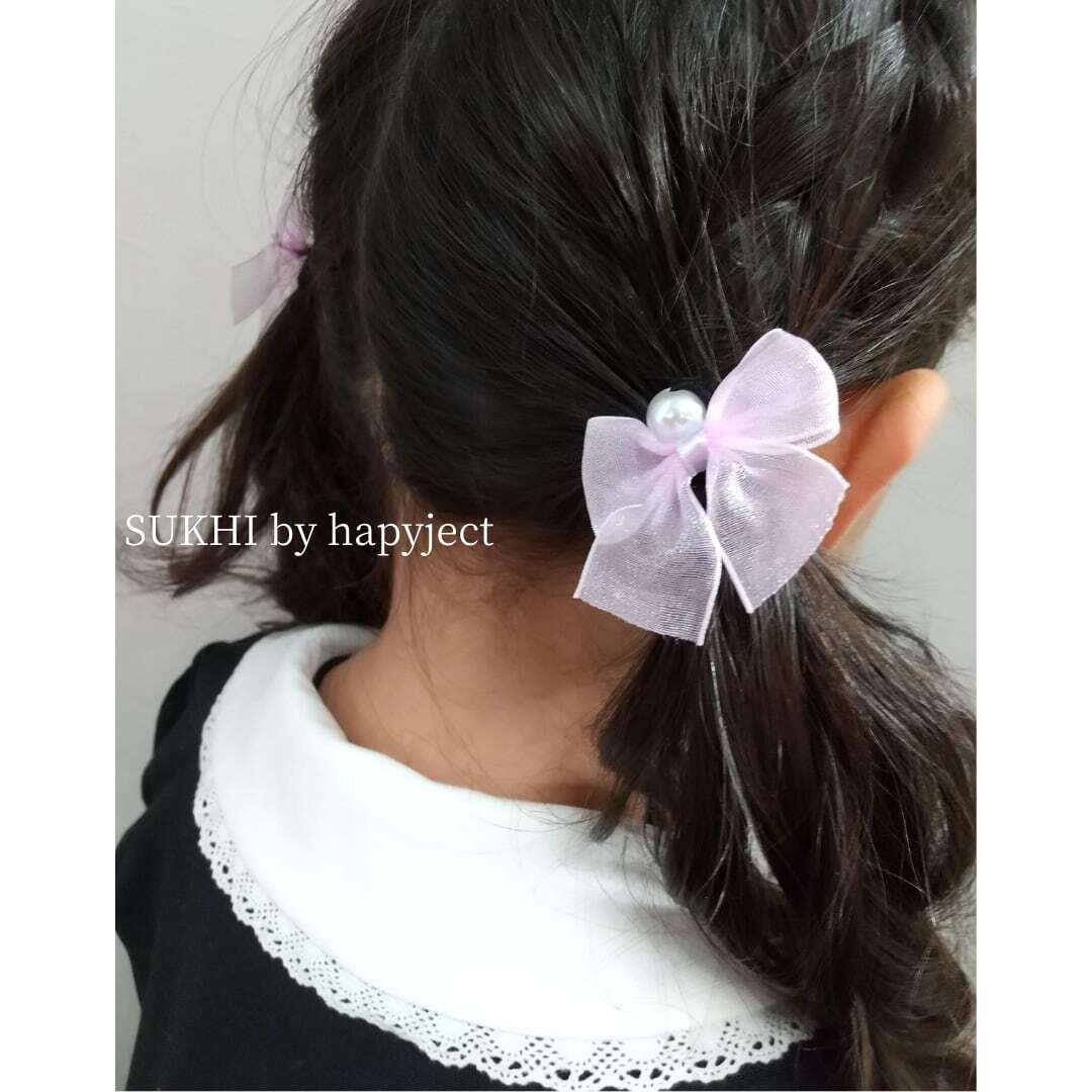 オーガンジー パール リボン 髪飾り クリップ (ピンク紫 - ヘア