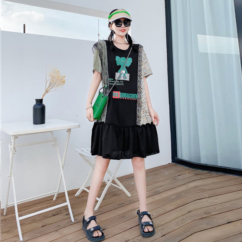 サマードレス ルーズトップス 大きめサイズ 夏物 ミックスインファッション17022527660