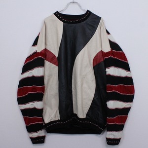 【Caka act2】Leather Switching Vintage Loose 3D Knit