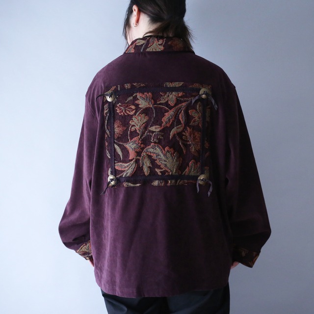 gobelins fabric switching and patchwork full-zip fake suede jacket