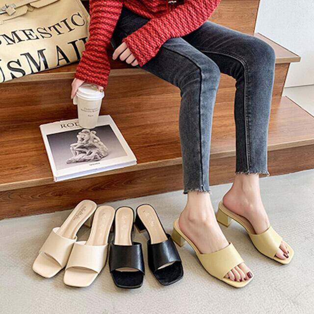 レディース サンダル シンプル チャンキーヒール スクエアトゥ ミュール ブラック/アイボリー/グリーン 22.5cm/23cm/23.5cm/24cm/24.5cm/25cm