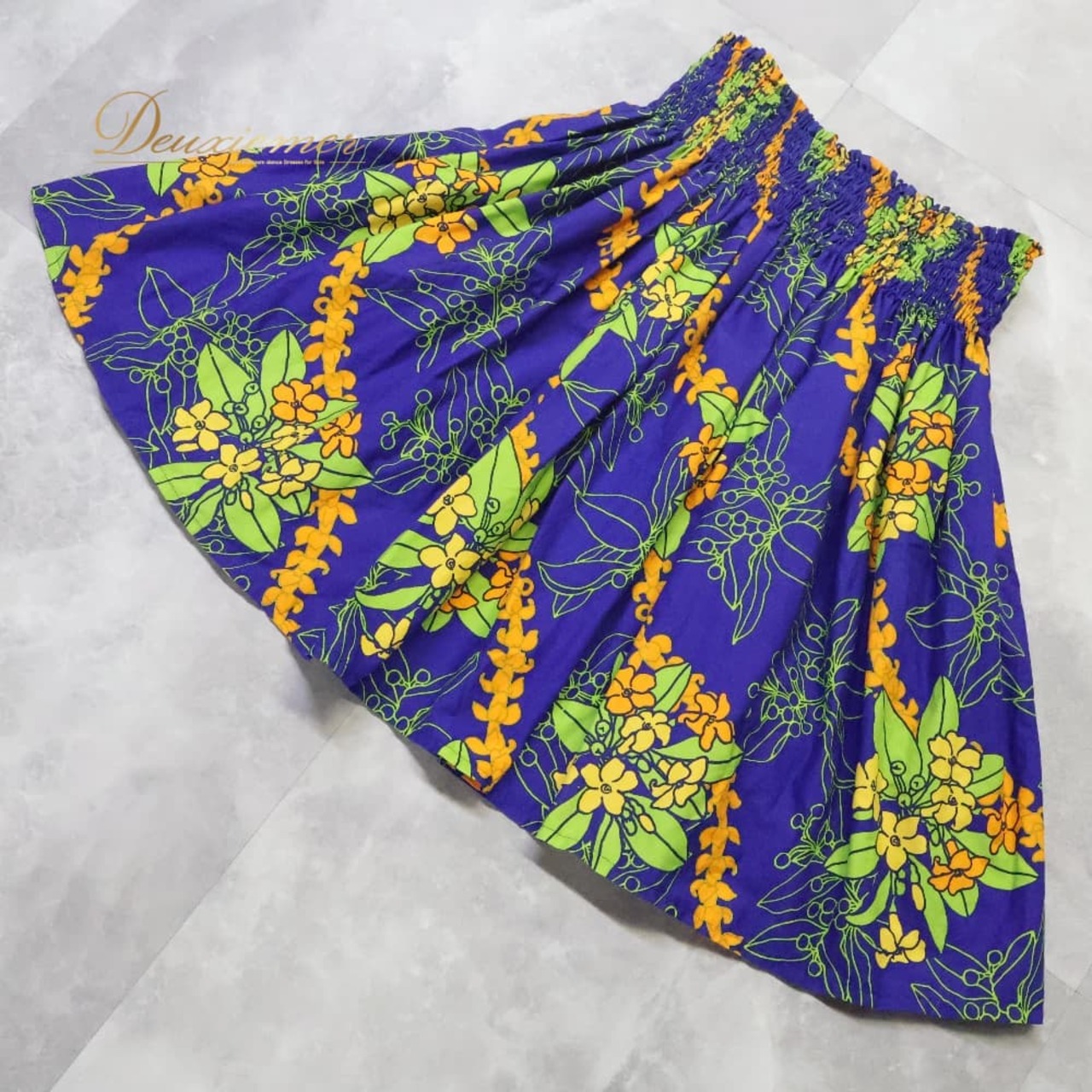 フラダンス 衣装 MENEHUNE PLANTETION メネフネプランテーション パウスカート ブルー系 日本製 レイ柄 花柄 シングル シンプル かわいい 華やか 鮮やか 明るい 爽やか 青 緑 黄 橙 ハワイアン アロハ フラ ダンス レッスン 練習