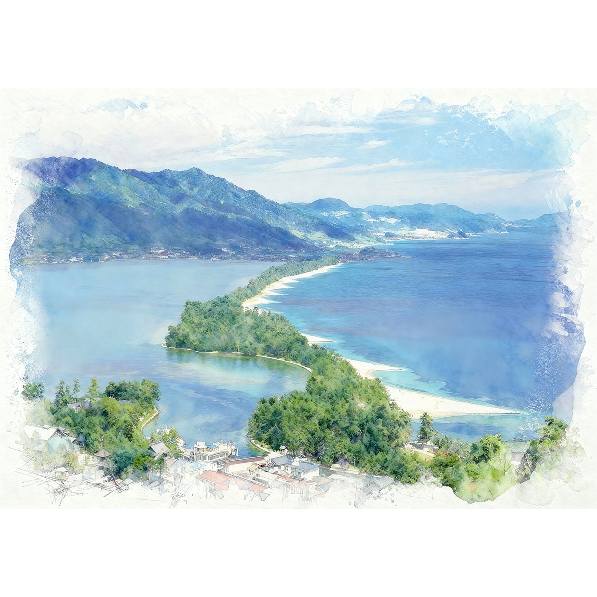 絵画(風景画) 日本 京都府 天橋立 インテリアアート額付き 水彩画