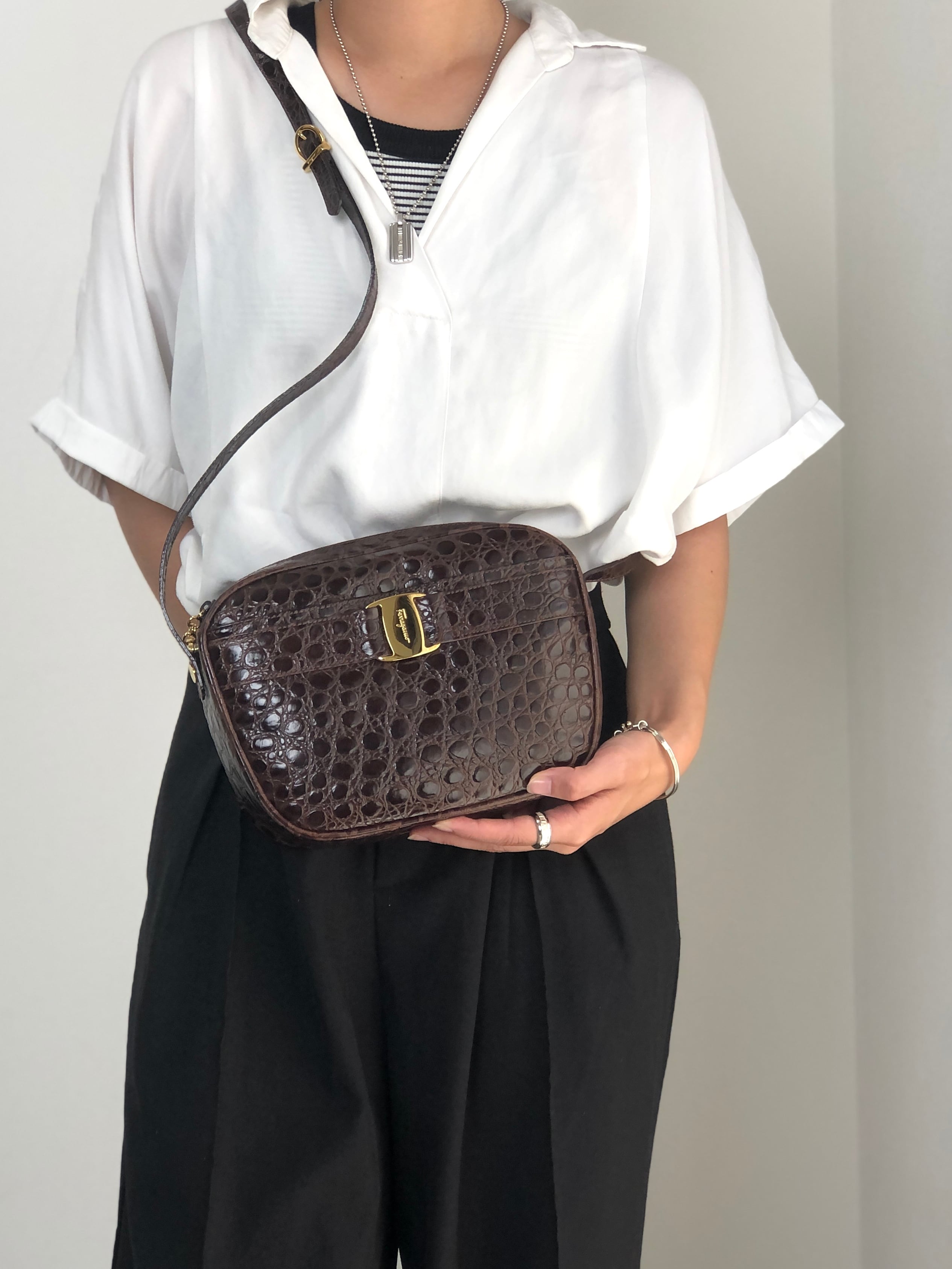 Salvatore Ferragamo サルヴァトーレ フェラガモ ショルダーバッグ ブラウン ヴァラリボン クロコ型押し vintage ヴィンテージ オールド xth3zu