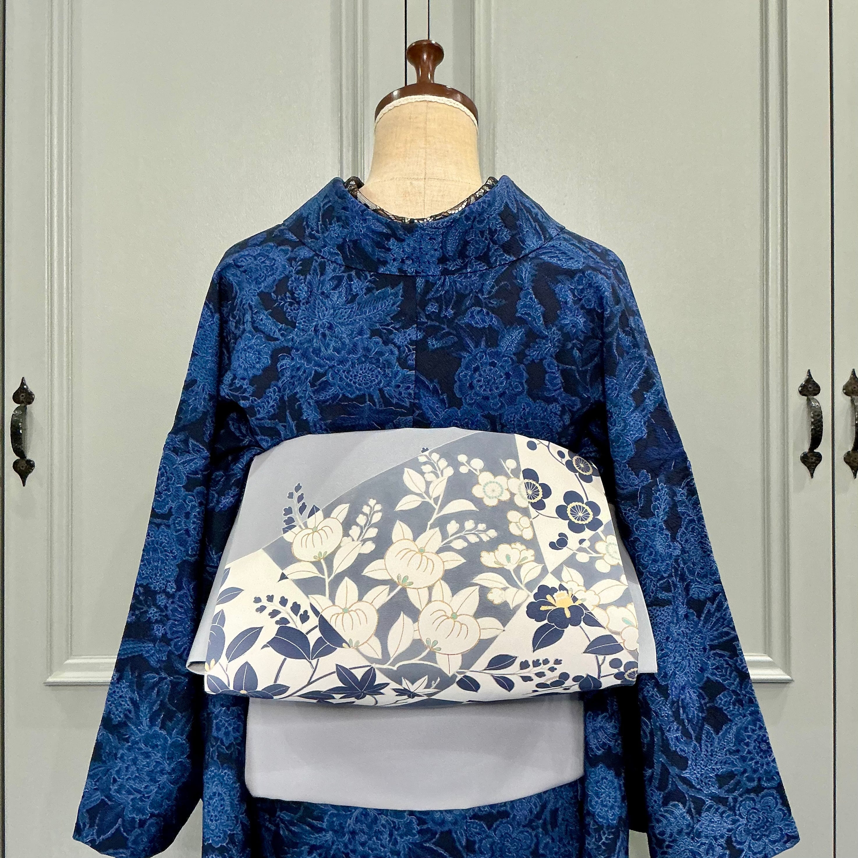 月影の文＊染め帯 橘 椿 紅葉 塩瀬帯 名古屋帯 B293 | kimono tento