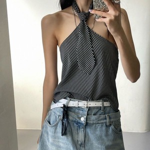 Neck-Tie Stripe Holter Tops 501116