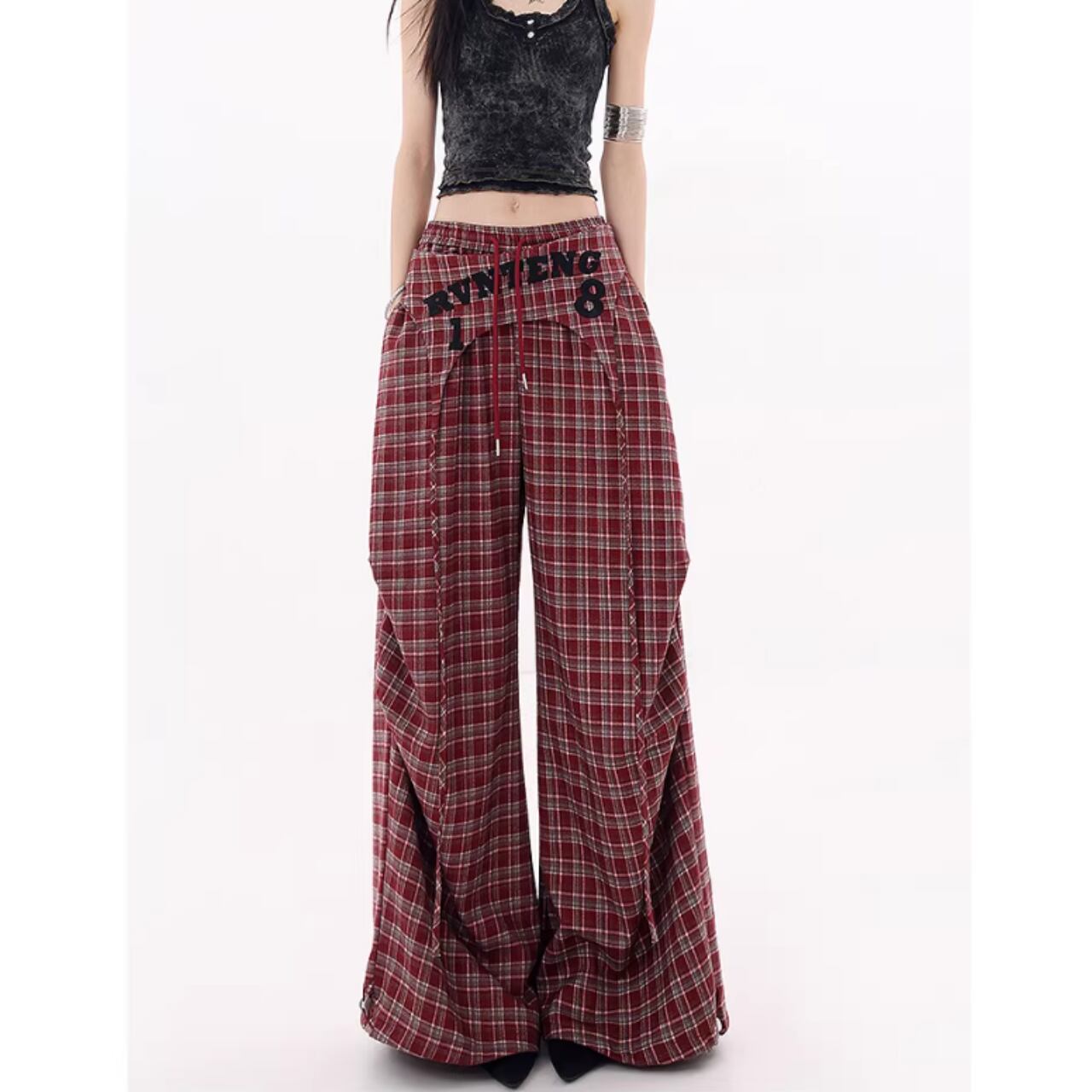 Plaid wide pants E7110