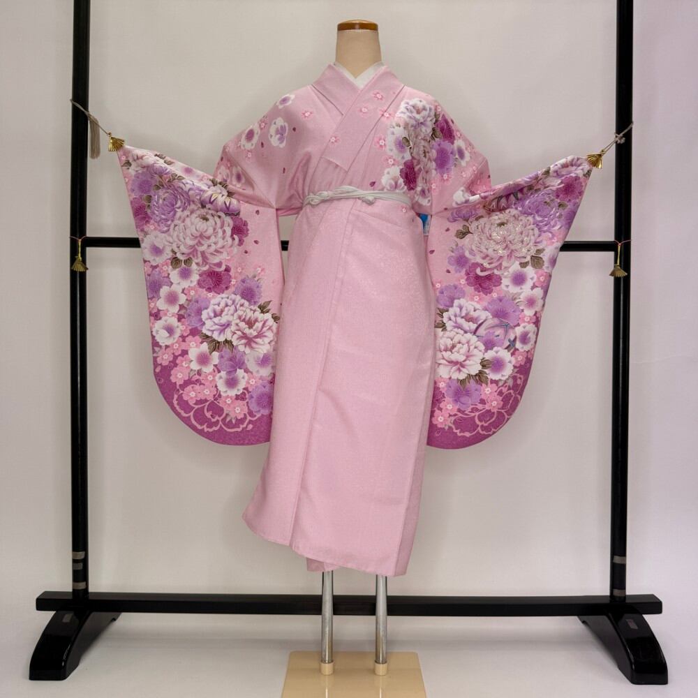 二尺袖 単品 卒業式着物 ピンク 裄68.5cm Lサイズ 袴用着物 化繊 中古 5813