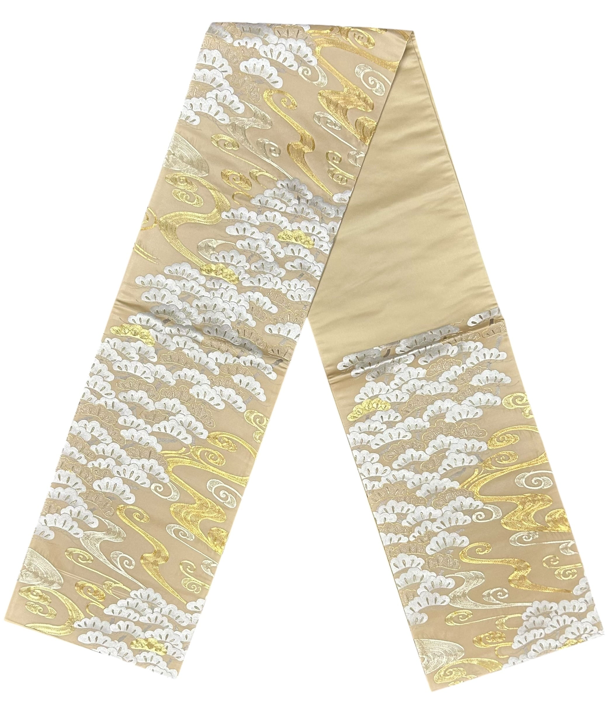 袋帯 刺繍 明るめの白茶色の地 豪華な松と流水文様 長さ 443㎝ Q4867