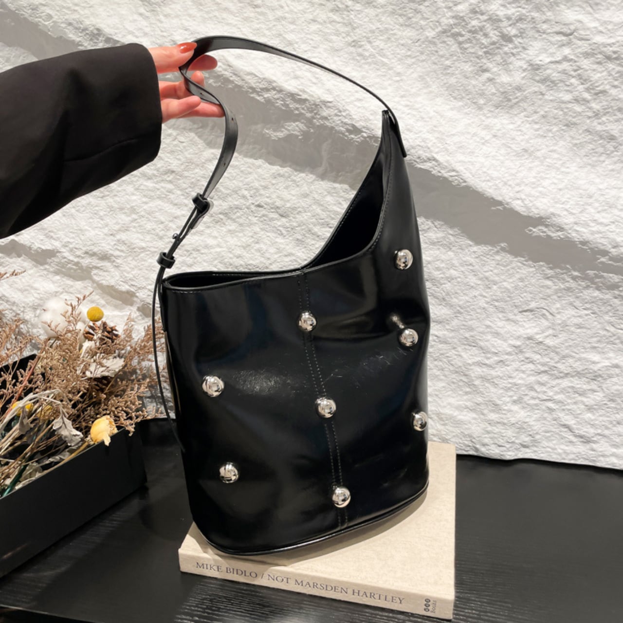 Studded PVC Bucket Shoulder Bag L00425
