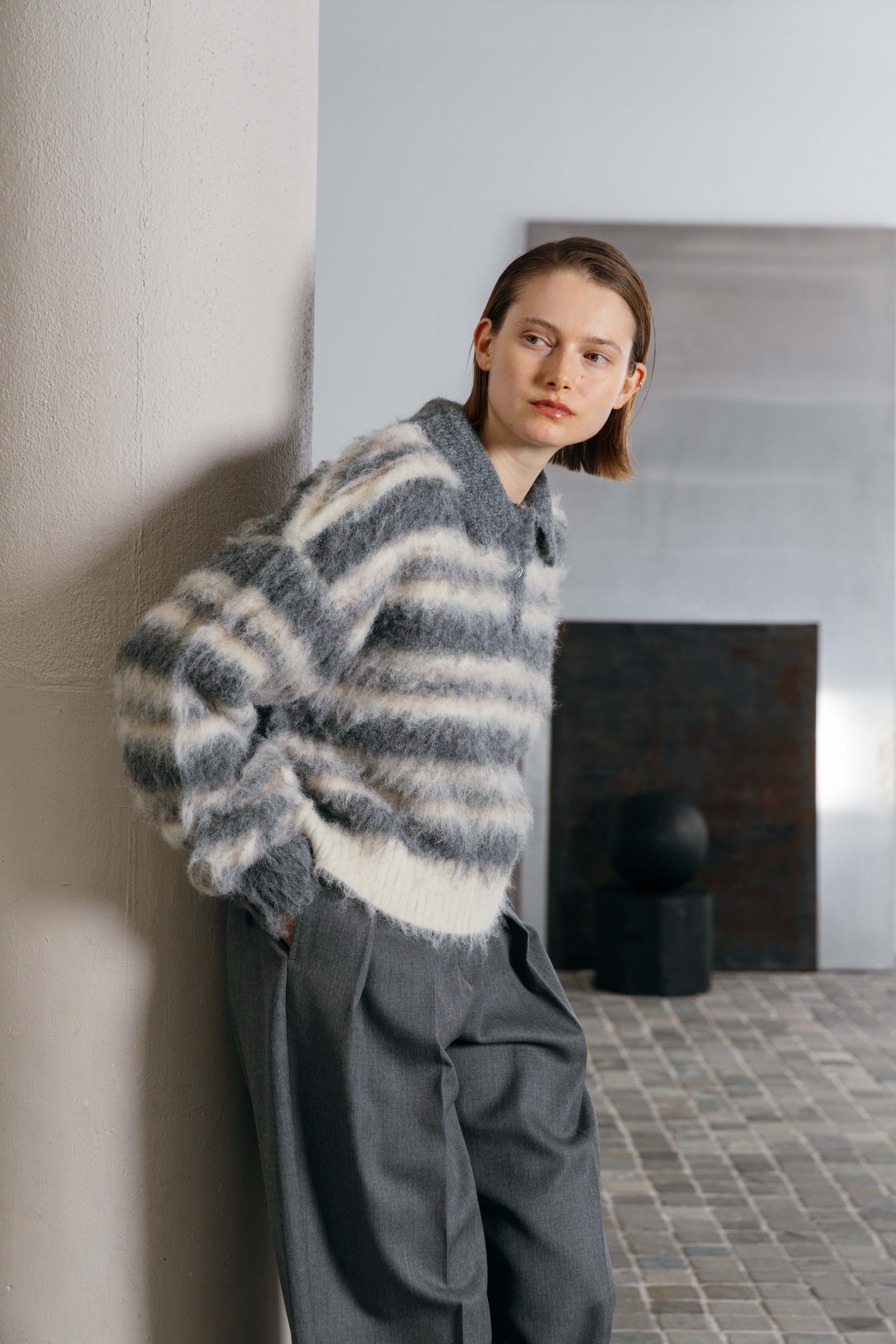 CREDONA MOHAIR BORDER KNIT モヘアボーダーニット Gray