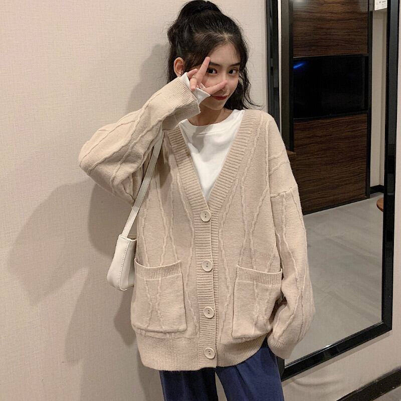 ピュアカラーのセーターコート女性の2020年秋冬新バージョンのルーズで用途の広いレイジースタイルのアウターニットカーディガントップ クレセントシティ8302788435