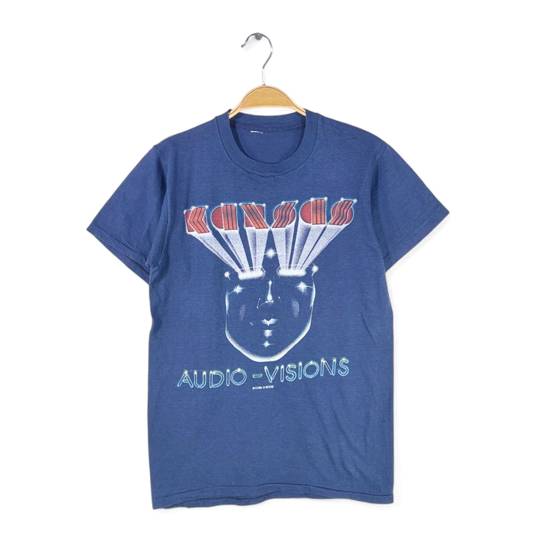 70s カンサス ヴィンテージTシャツ AUDIO VISIONS プログレ ネイビー ロックTシャツ サイズM相当 古着 @AAD1043