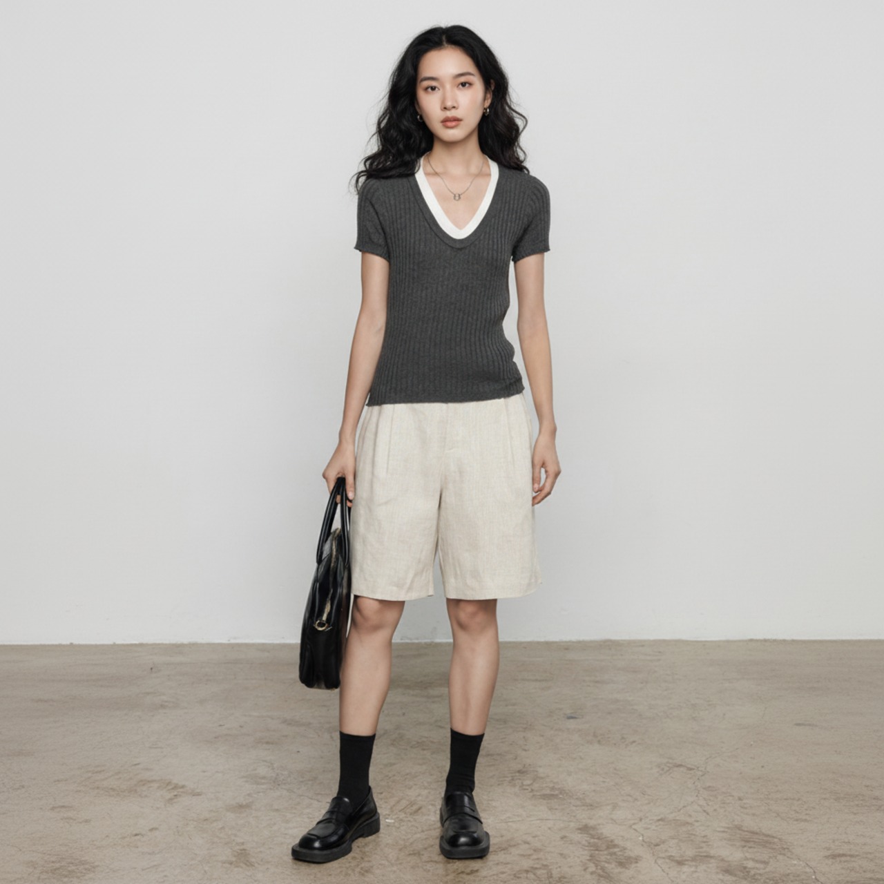 Vネック 半袖 ニット トップス   2colors  26059・画像9