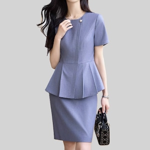 Peplum short sleeve collarless tops and mini skirt setup 00114