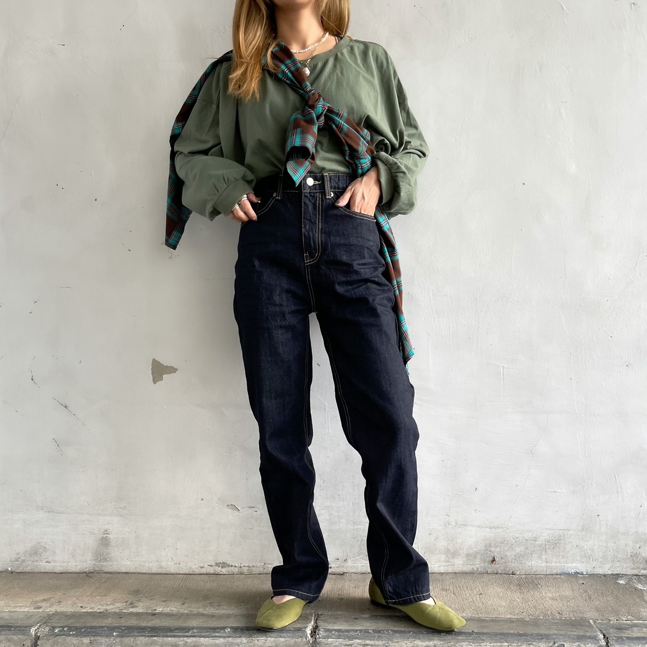 ✔︎セルフカットハイウエストワイドストレートデニムpt【ウエスト総ゴム】／DARKINDIGO
