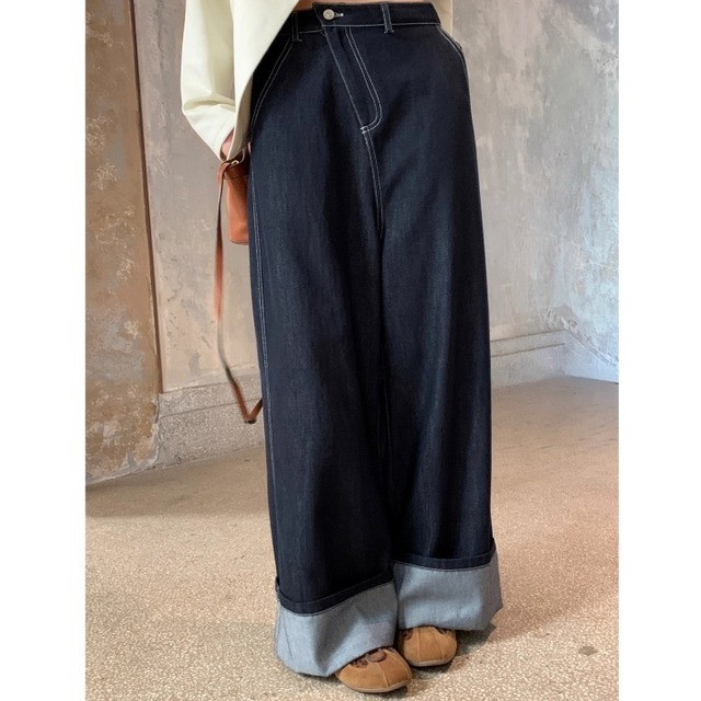 スラントプラケットロールアップワイドデニムパンツ［S-L］