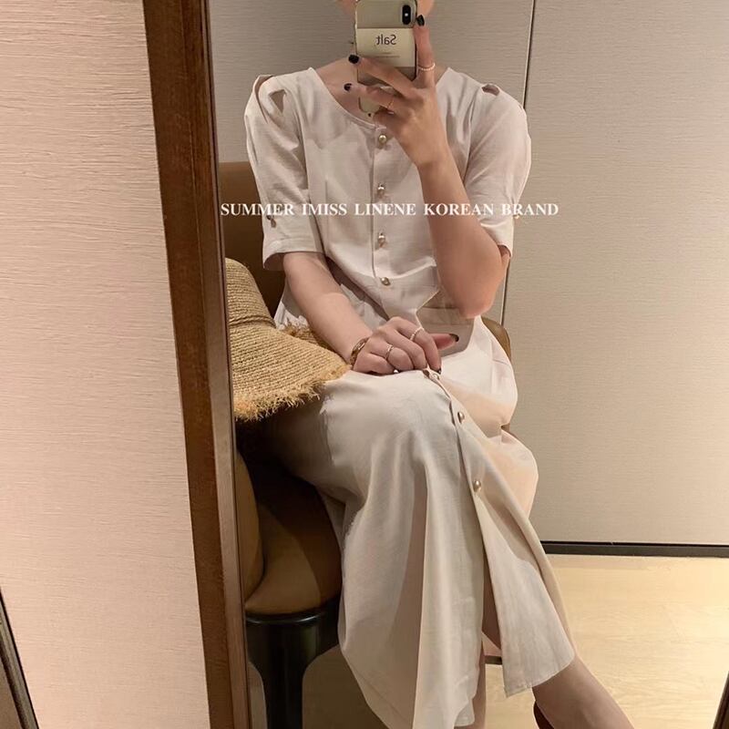 ラウンドネックスリーブドレス サマー薄手ポケットカラーロングスカート 夏物 Oネック ピュア ビッグFスモールZ韓国7651574327