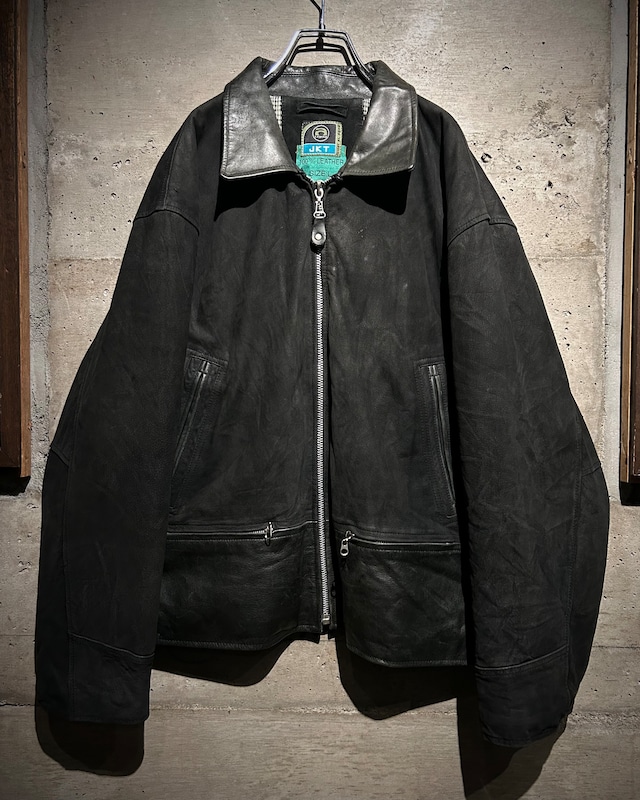 【Caka】Switching Design Vintage Zip Up Leather Jacket